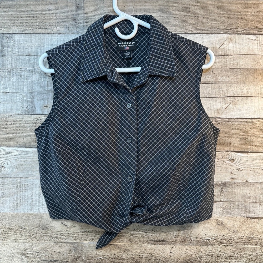 Polo Jeans Co Lauren Women's Cropped Tie Waist Button Shirt Blk White Check Sz L